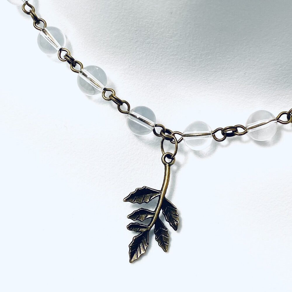 Genuine Clear Quartz Short Necklace, Bronze Leaf Branch + Natural Gemstone